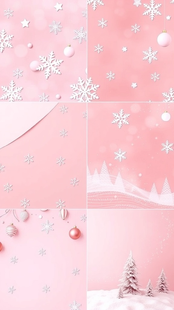 Aesthetic pink Christmas wallpaper with snowflakes and ornaments.